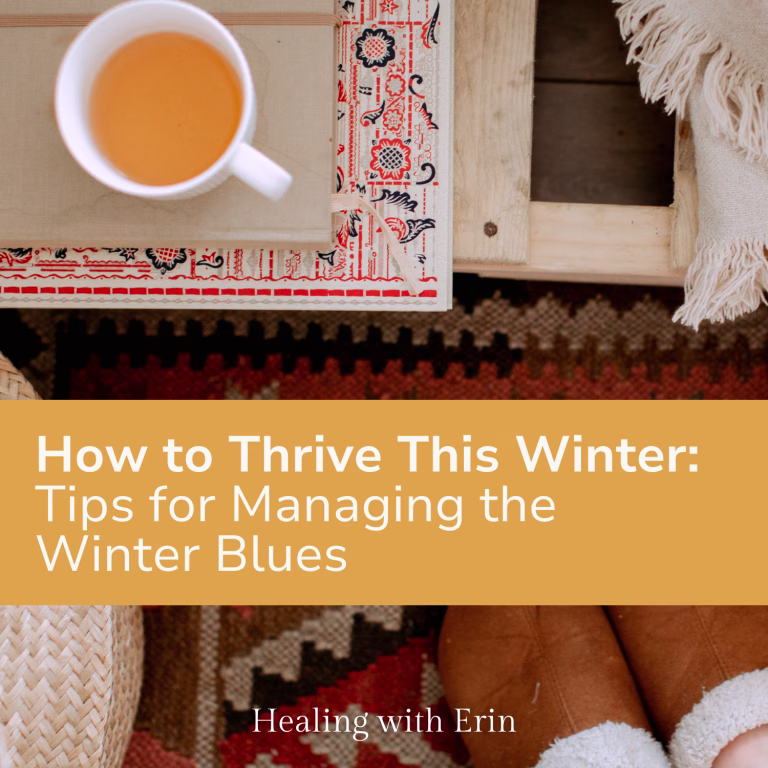 Comforting cup of tea on a table with a cozy blanket and slippered feet, featuring text on the image saying 'How to Thrive This Winter - Tips for Managing the Winter Blues,' perfect for winter self-care and relaxation.
